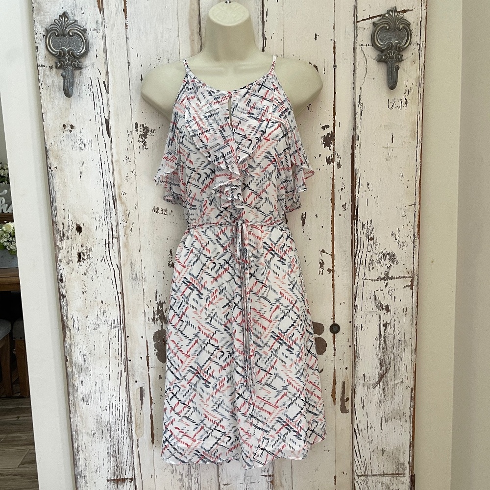 Cato Size XL Woman's White Blue Red Sleeveless Ruffle Belted Career Party Dress